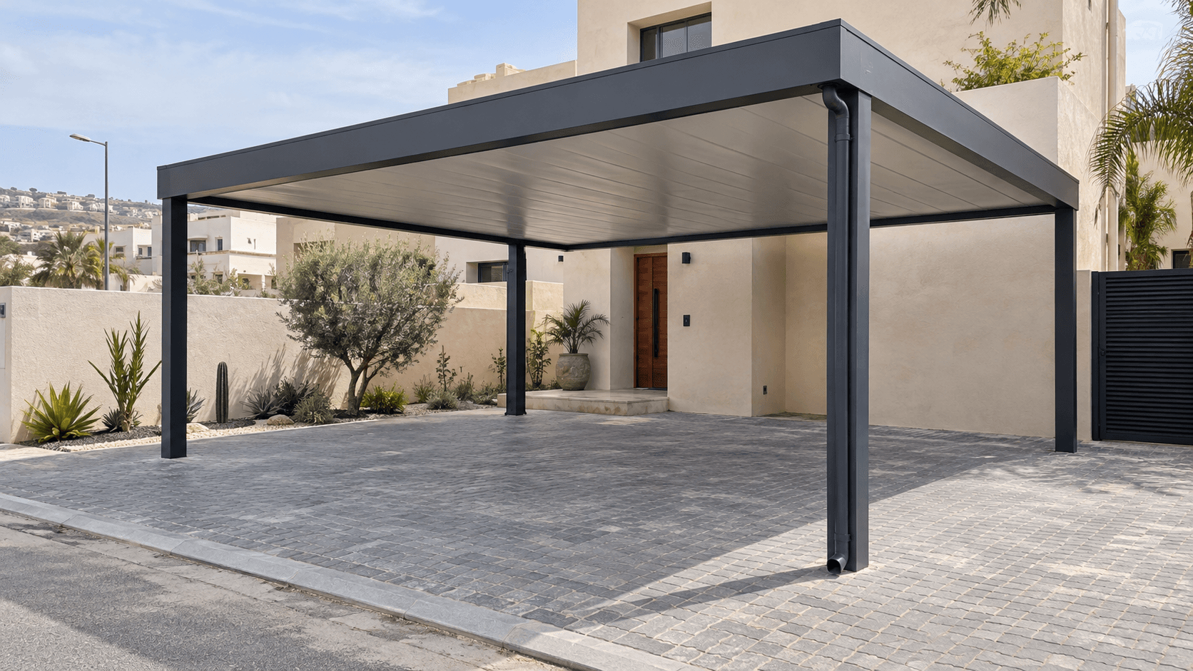 Carport aluminium anthracite installé devant une villa marocaine