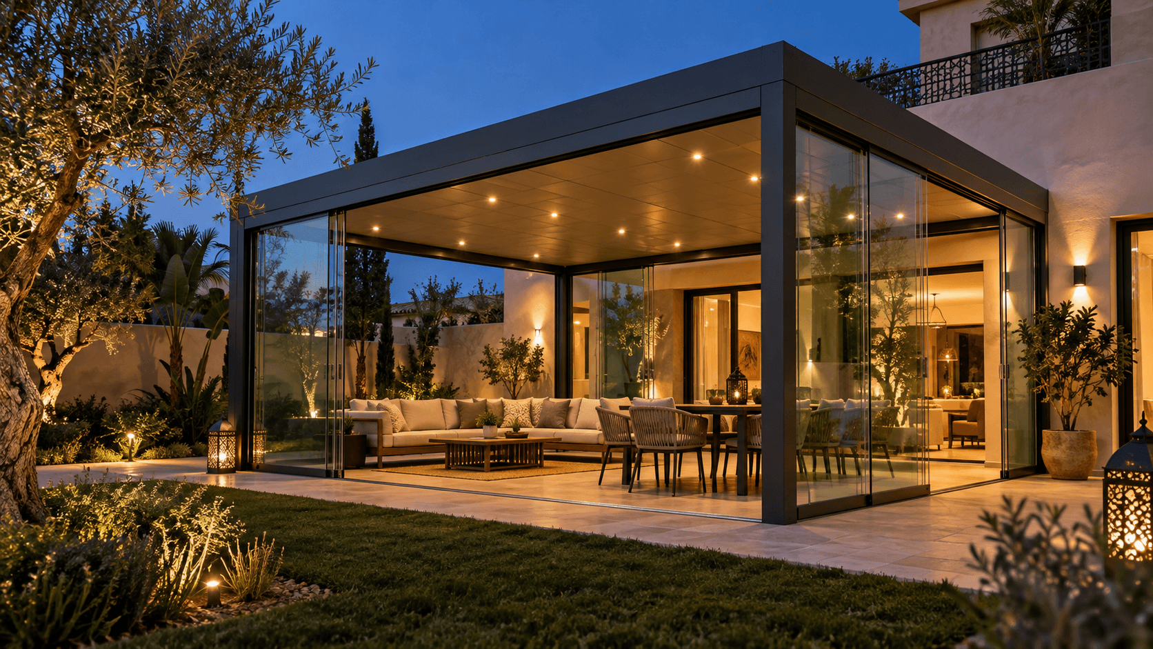 Pergola vitrée avec éclairage intégré au coucher du soleil