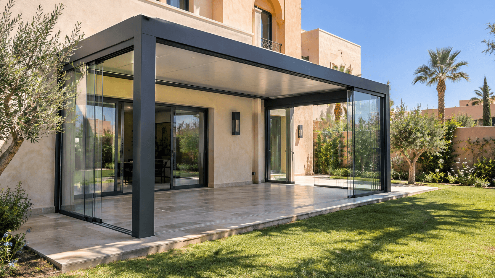 Pergola aluminium vitrée terminée contre une villa marocaine